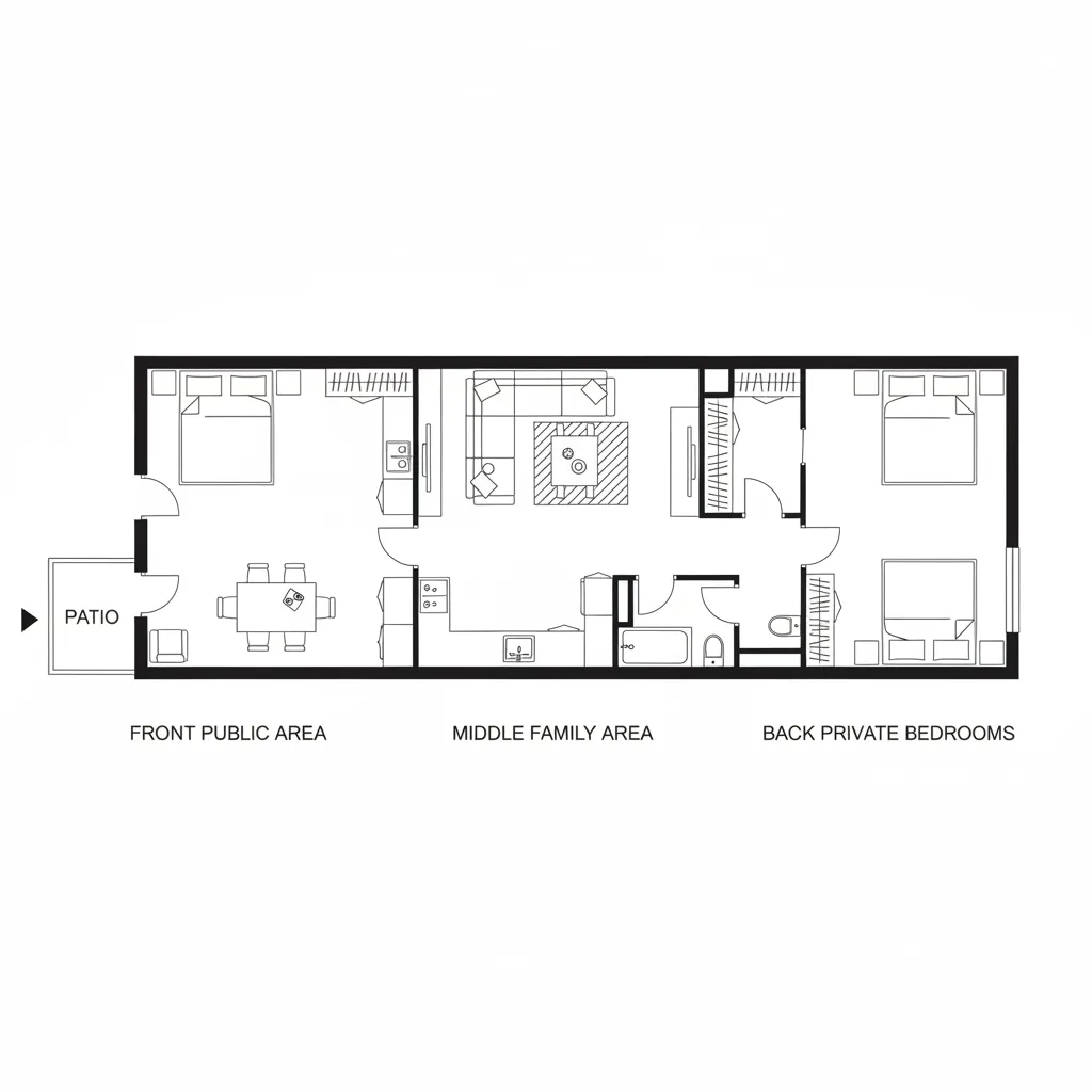 Diagram zonasi rumah 10x20 dengan pembagian ruang depan tengah dan belakang