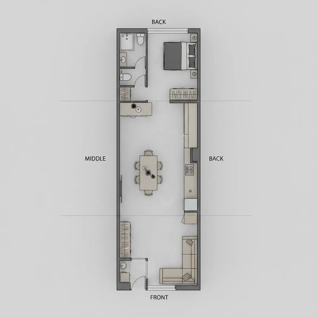 Diagram pembagian zona rumah memanjang 5x20 meter