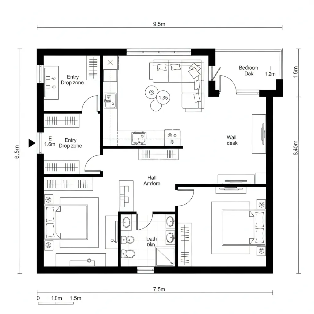 Layout 3: Compact-L with Wrapped Kitchen