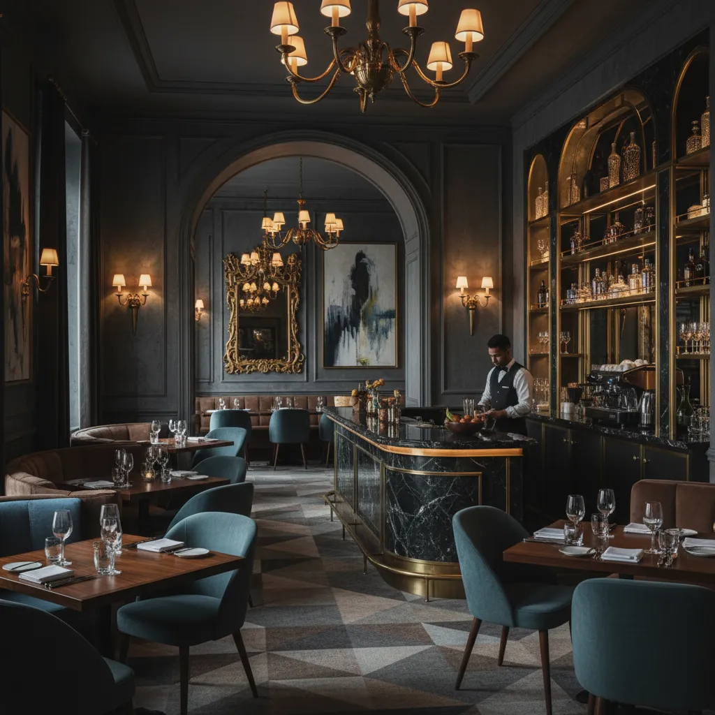 Restaurante elegante con iluminación dramática y decoración ecléctica
