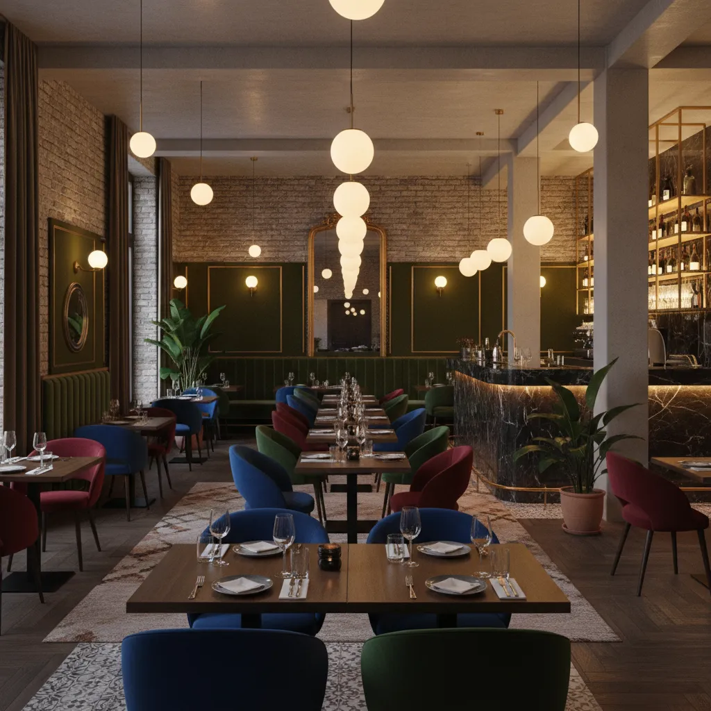 Restaurante elegante con iluminación cálida y mezcla de mobiliario vintage y moderno
