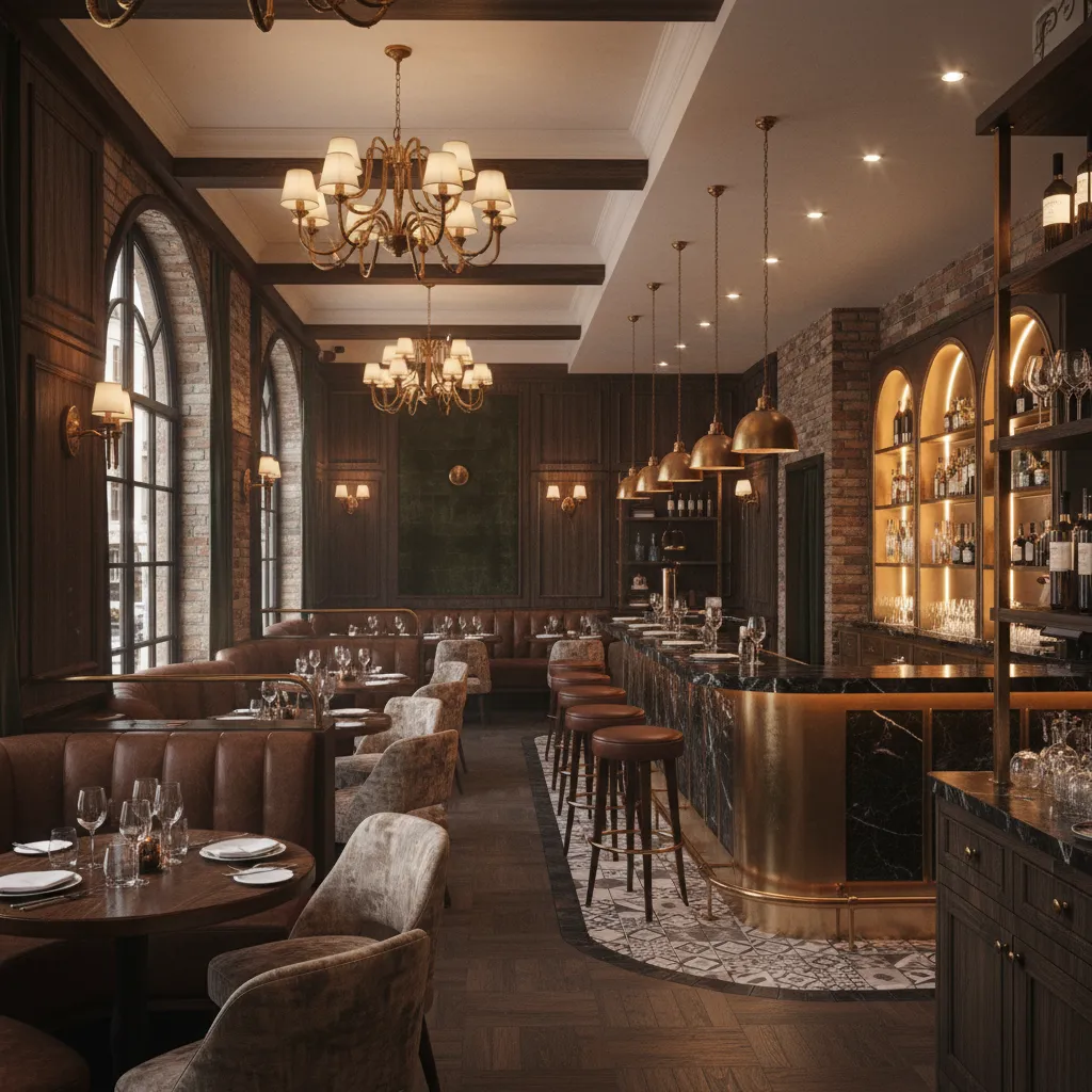 Elegant restaurant interior featuring marble bar counter, leather seating, wooden tables, ceiling lights, brick walls