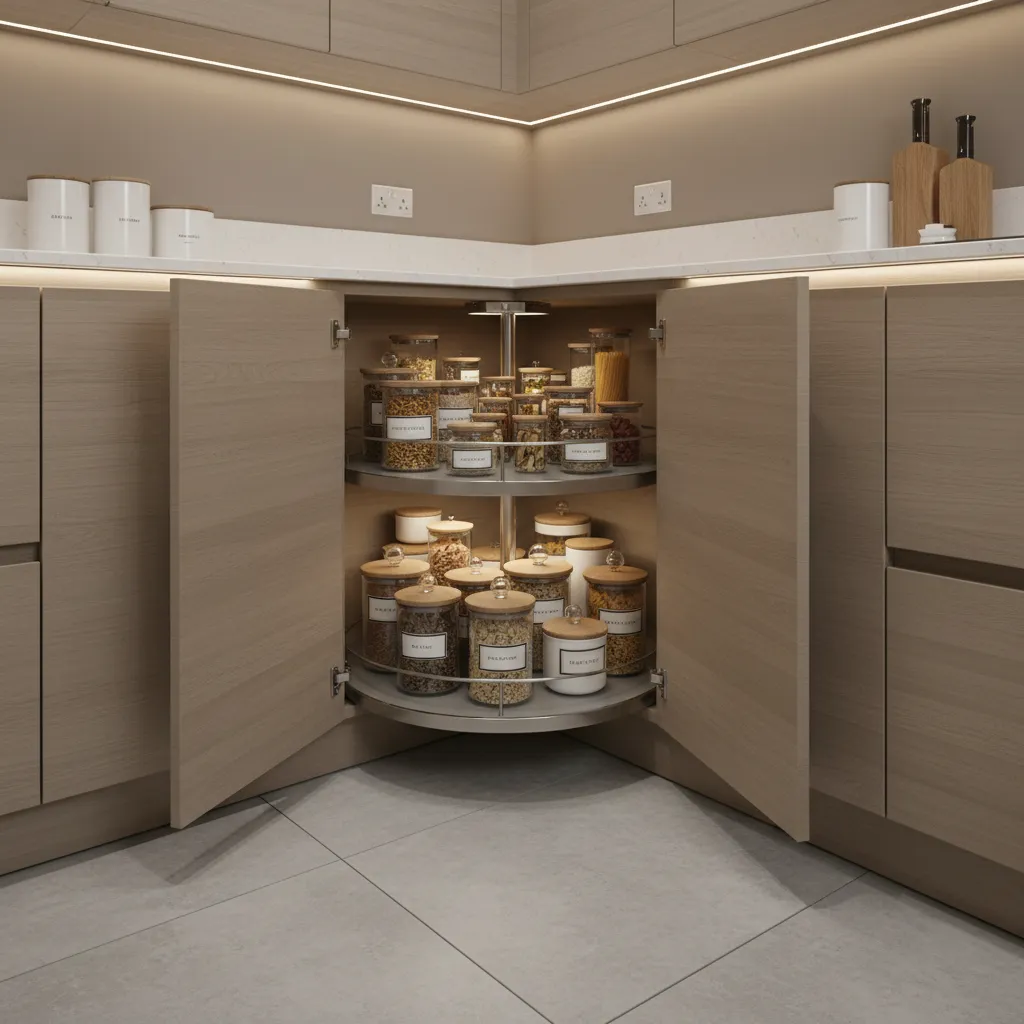 Lazy Susan rotating shelves inside a corner kitchen cabinet