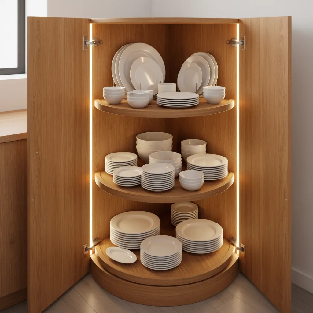 Corner cabinet interior with rotating lazy susan storage shelves