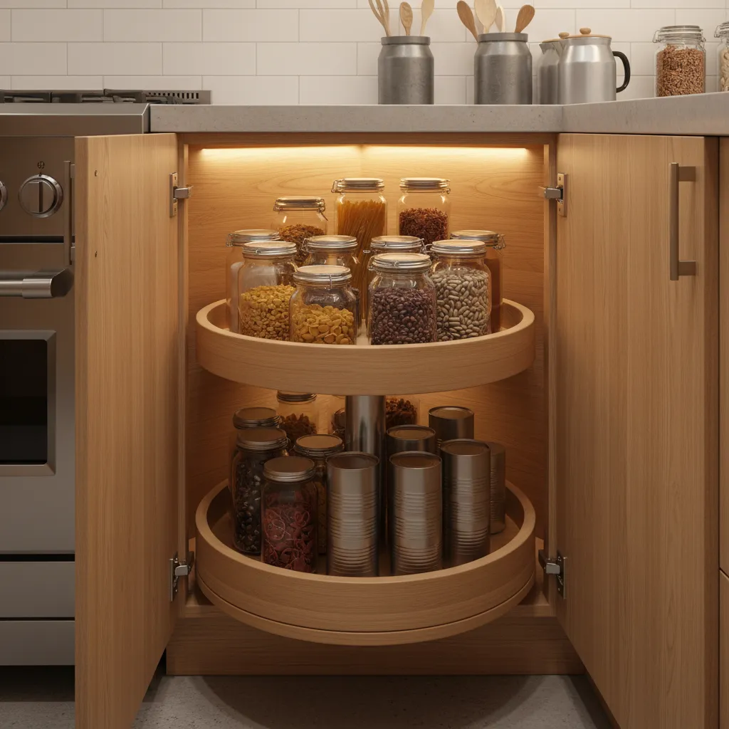 Lazy Susan rotating shelves inside a corner pantry cabinet