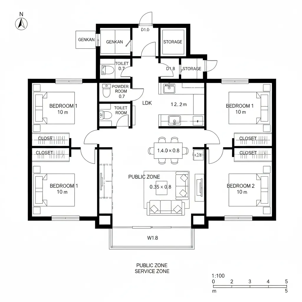 LDK中心、寝室両翼の2LDK