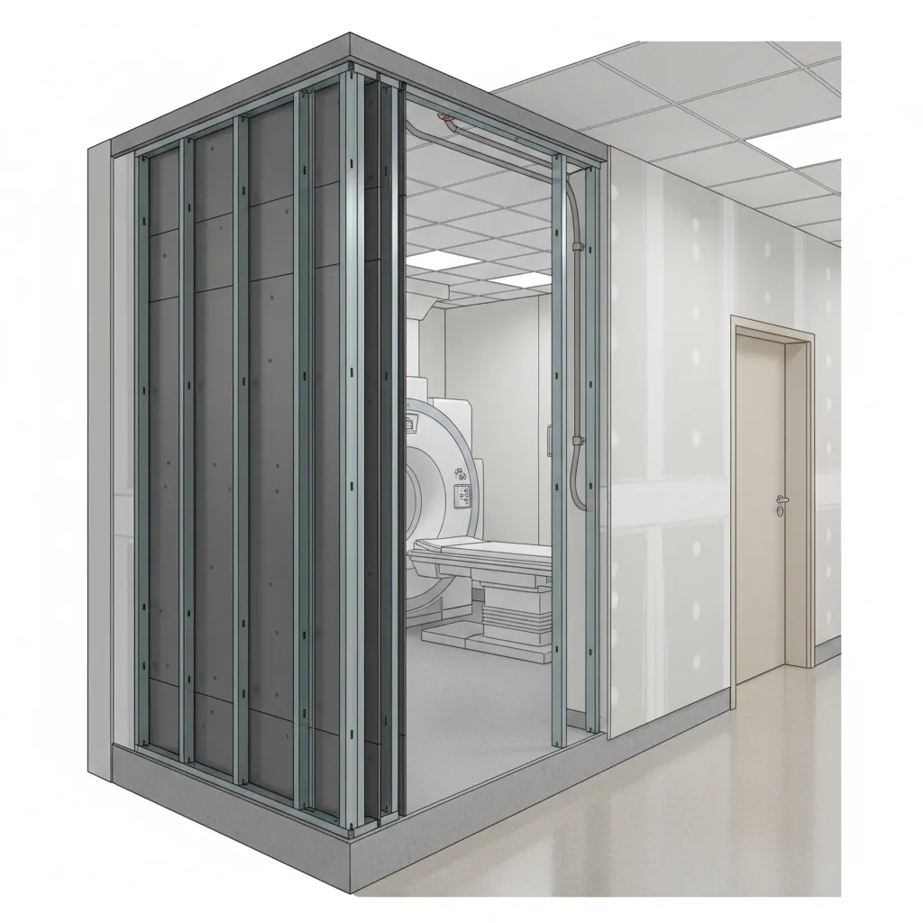 Diagram-style visualization of lead-lined wall shielding inside a medical imaging room