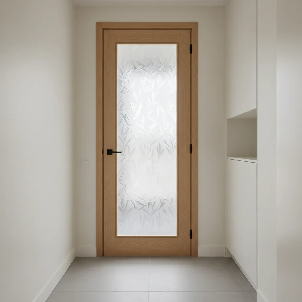 Cristal grabado con diseño de hojas instalado en puerta interior