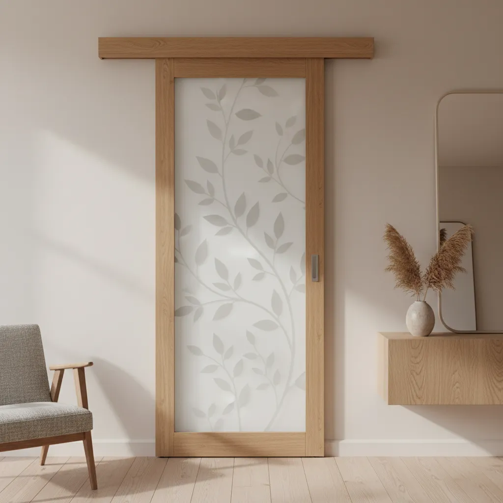 Cristal grabado con patrón de hojas instalado en puerta interior