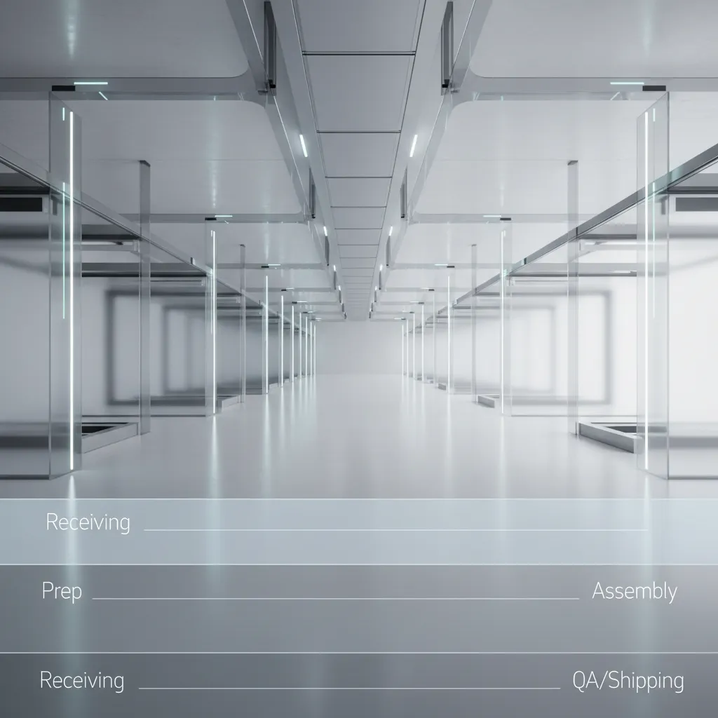 Modern white interior with glass walls light fixtures and labels for receiving assembly and shipping