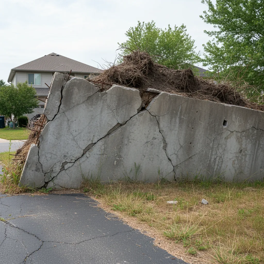 Leaning concrete compound wall showing structural instability