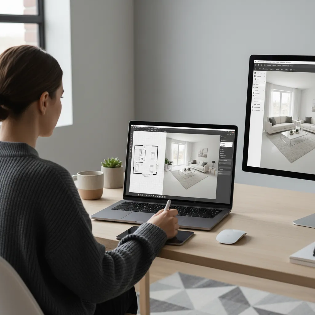 Beginner experimenting with interior layout planning software on computer