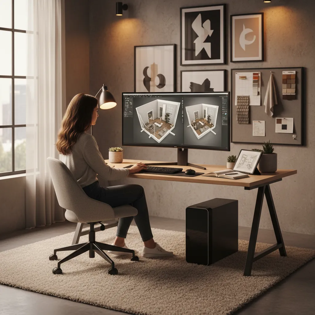 Estudiante aprendiendo software de diseño interior en ordenador