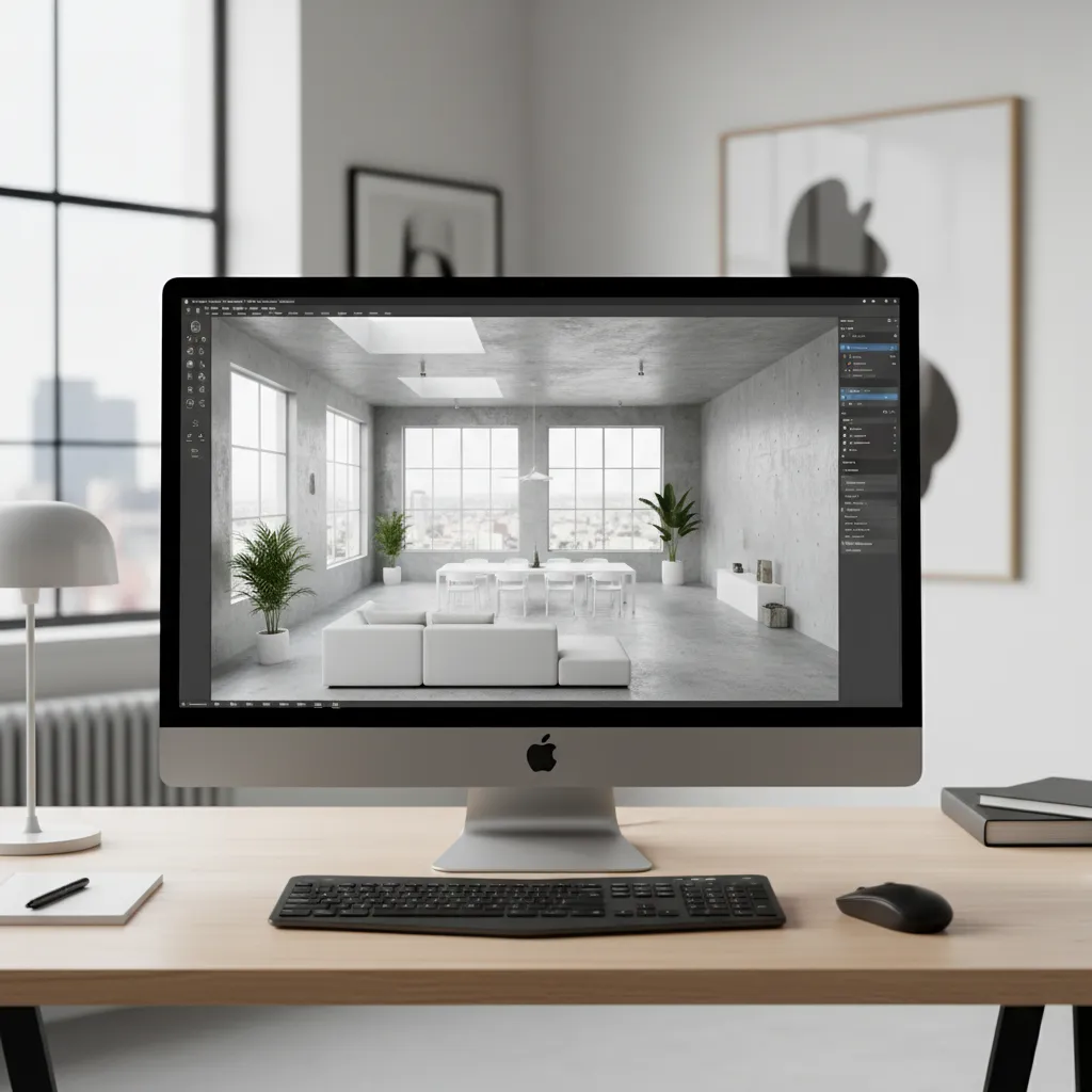 Computer screen showing 3D interior floor plan layout being designed