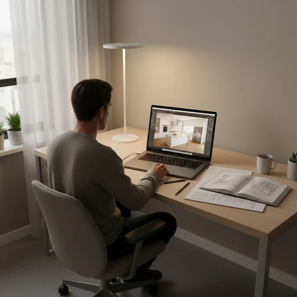 Beginner studying kitchen cabinet layout on a computer screen