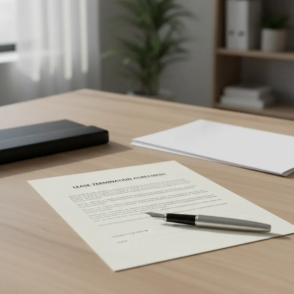 Close-up of lease termination letter document on desk with pen