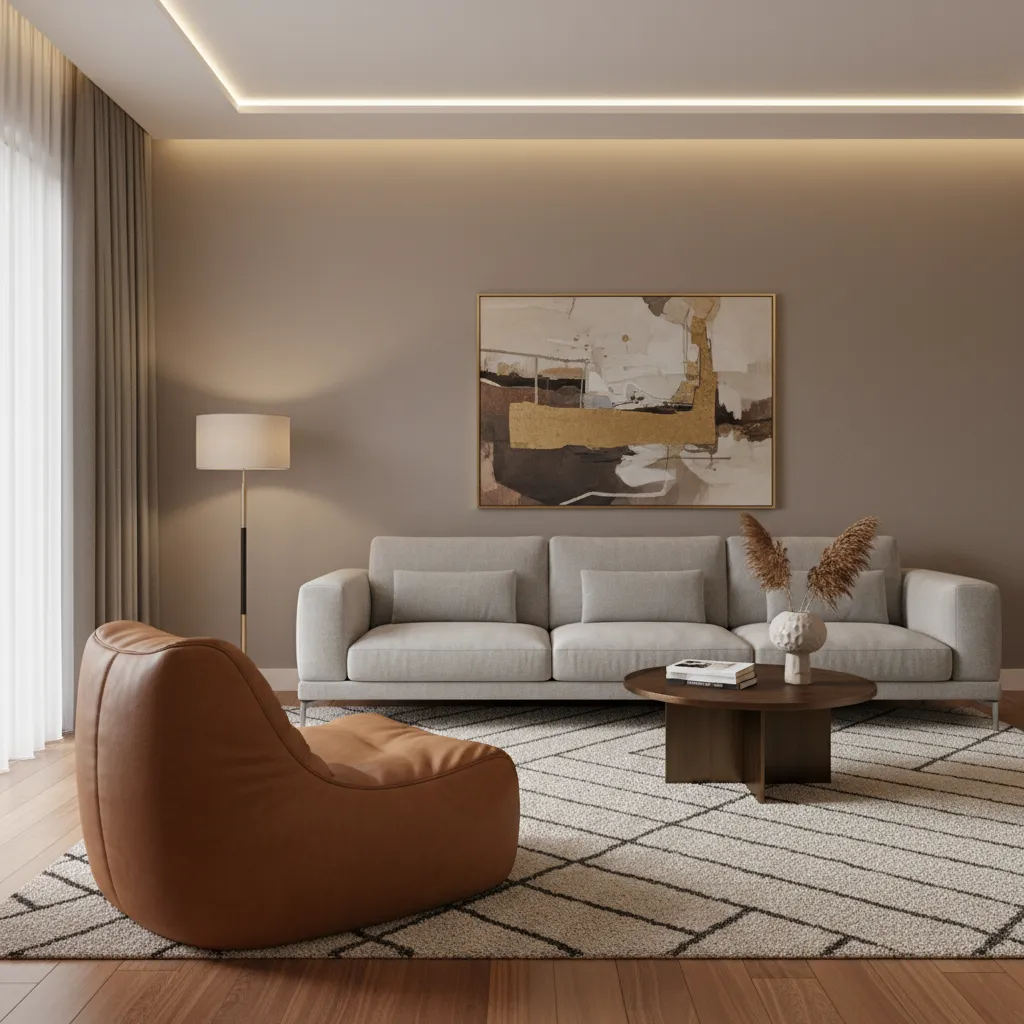 Brown leather bean bag in a stylish contemporary living room