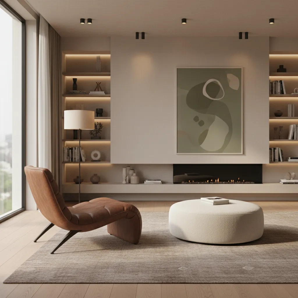 Leather lounge chair paired with a soft fabric ottoman showing mixed materials