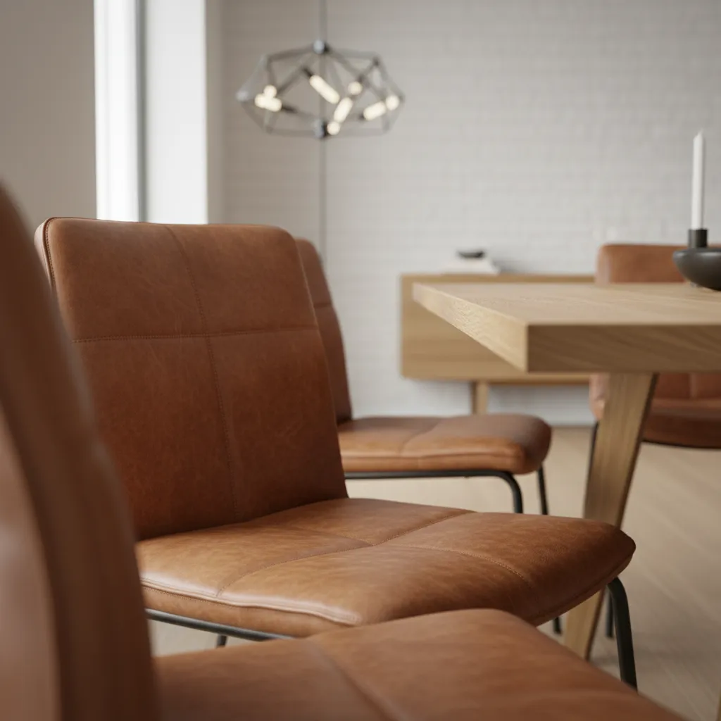 Close view of brown leather upholstered dining chair seat