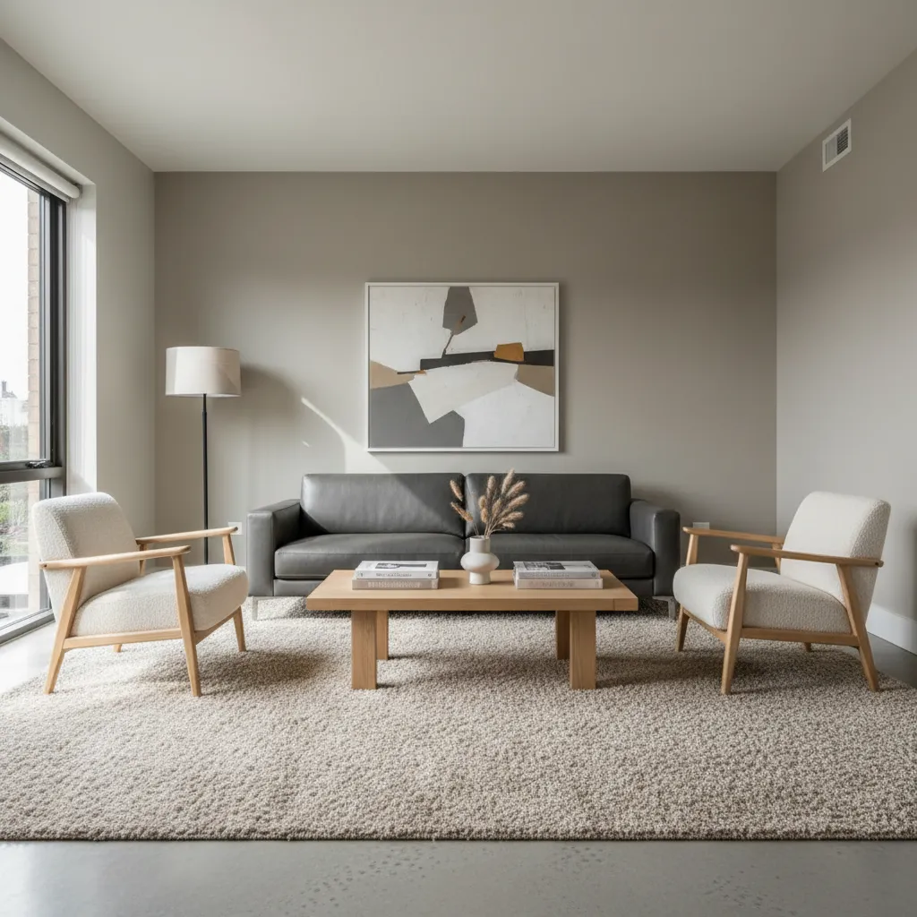 Modern living room with grey sofa two white chairs wooden coffee table and textured rug
