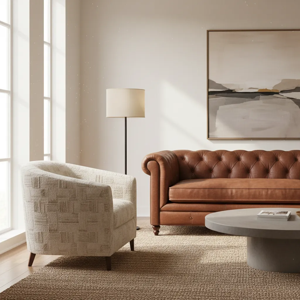 Close view of leather sofa paired with textured fabric chair