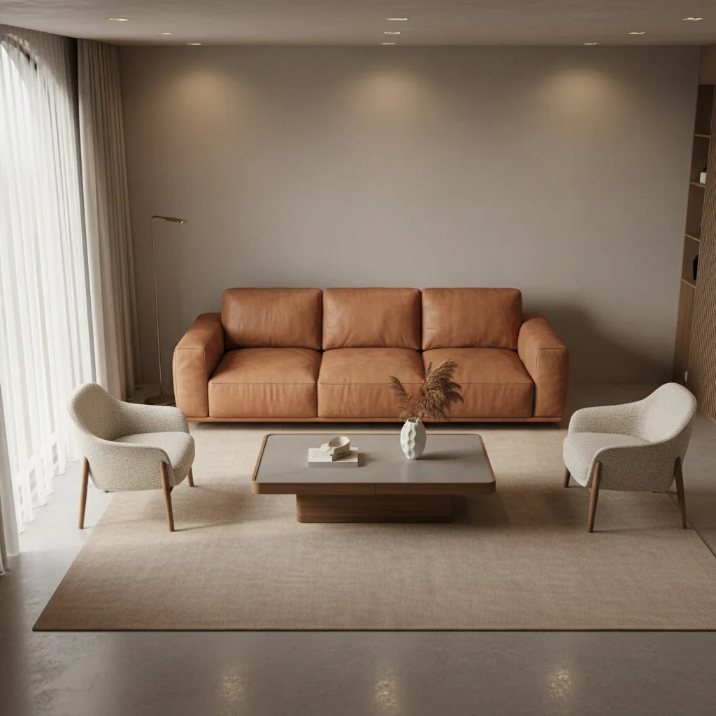 Living room layout with leather sofa and fabric chairs around coffee table