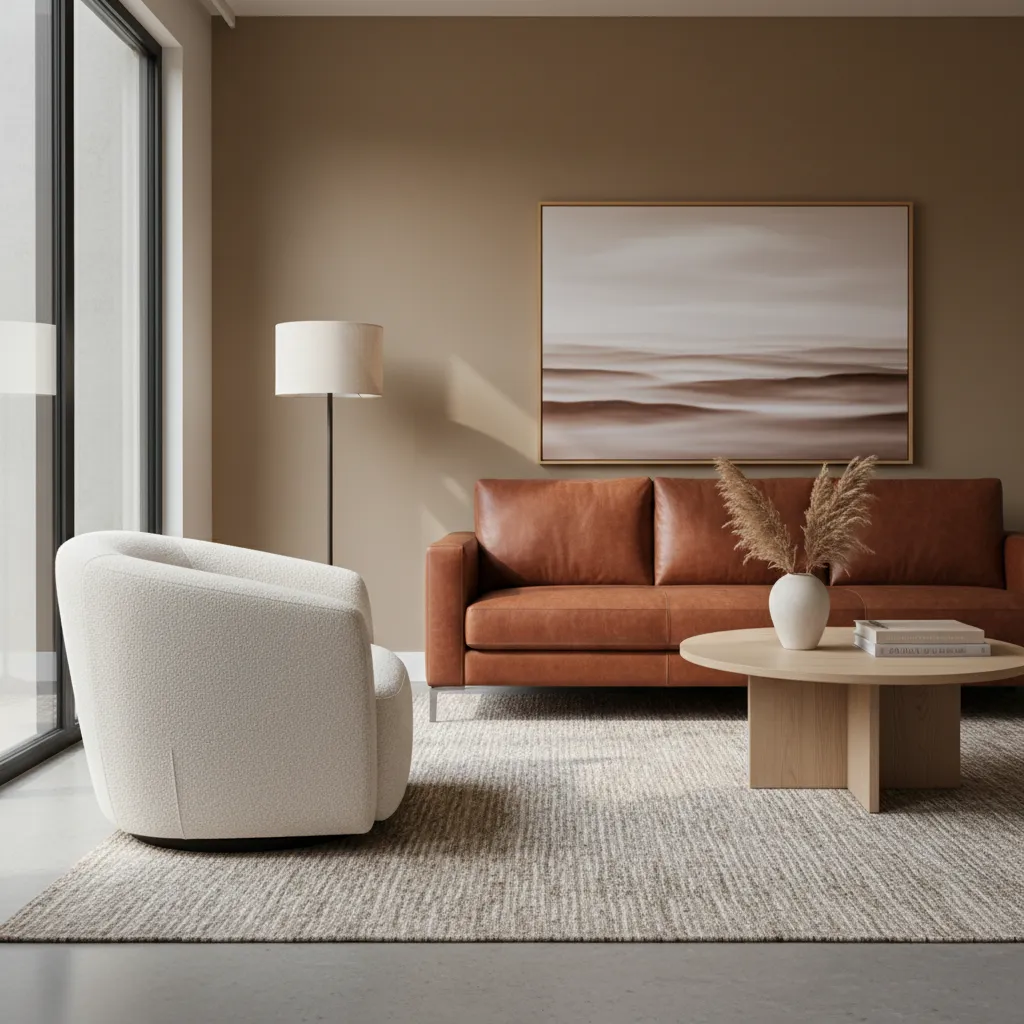Modern living room featuring brown leather sofa white chair round wood table and landscape art