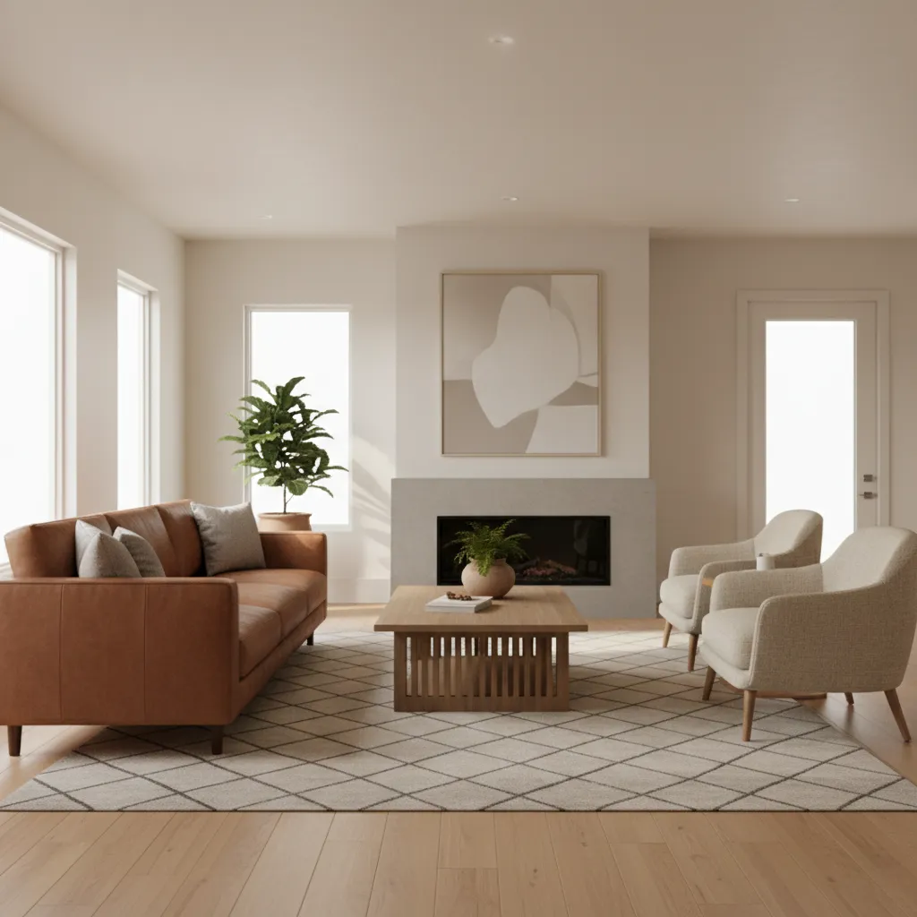 living room with leather sofa paired with fabric armchairs and neutral decor