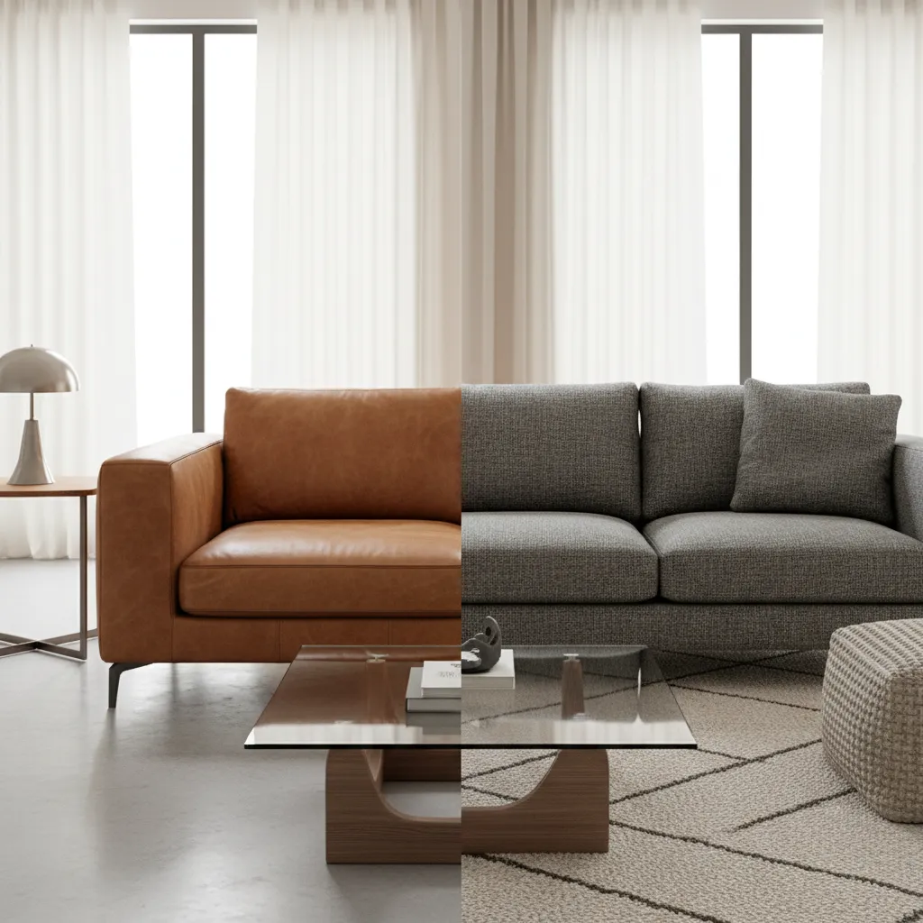 Close comparison of leather sofa texture and soft fabric upholstery