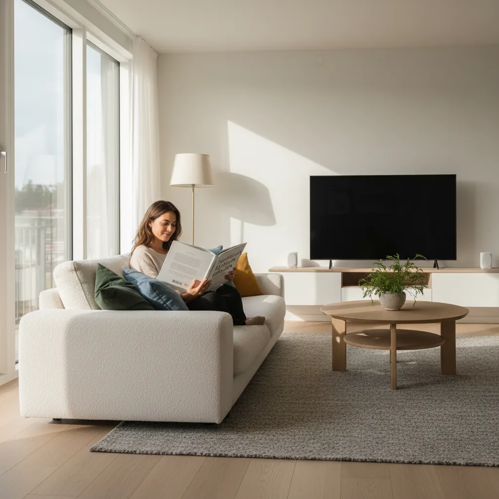 Persona leyendo un libro de diseño de interiores en un salón moderno
