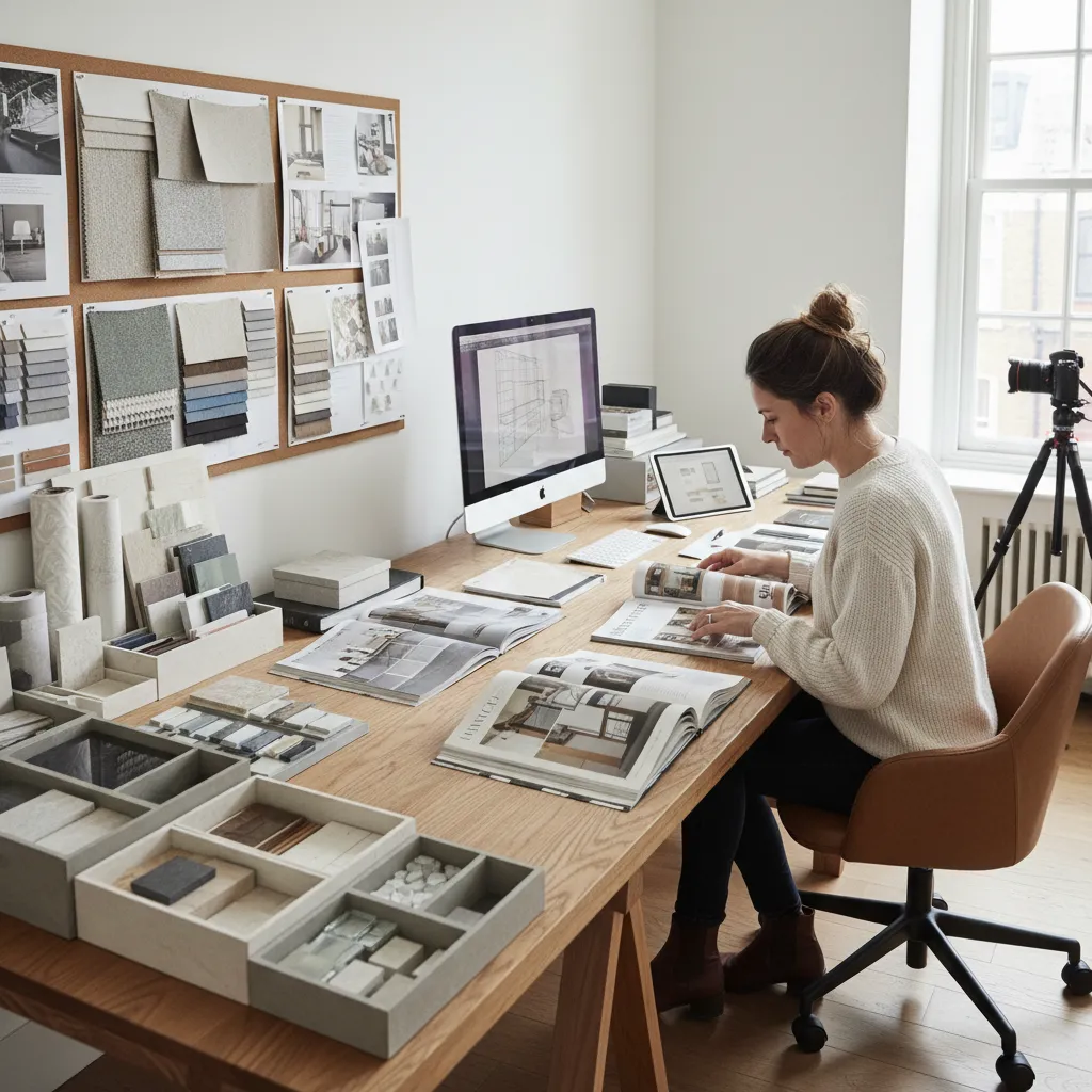 Diseñador revisando revistas de interiorismo en una mesa de trabajo