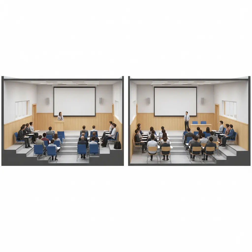 visual comparison of audience sightlines in tiered seating vs flat classroom