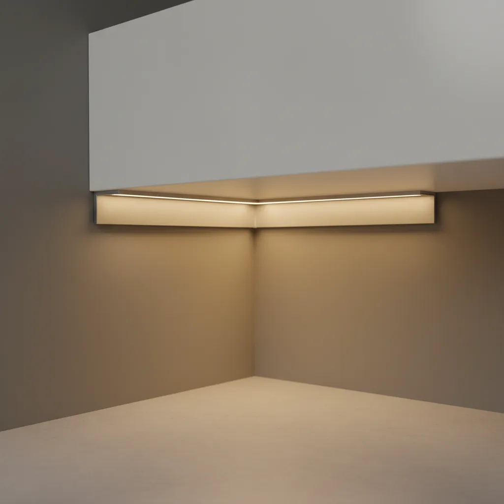 Warm LED light strip installed inside metal track under the corner of a white cabinet