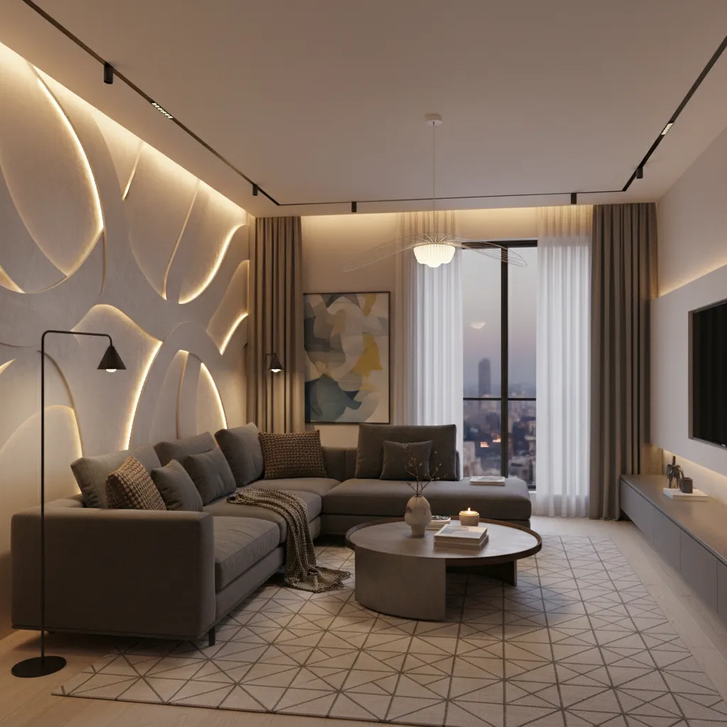 POP wall design with hidden LED lighting creating dramatic evening atmosphere