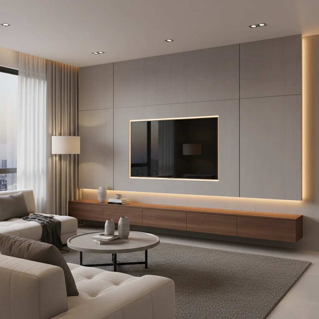TV wall panel with hidden LED backlighting and floating cabinet