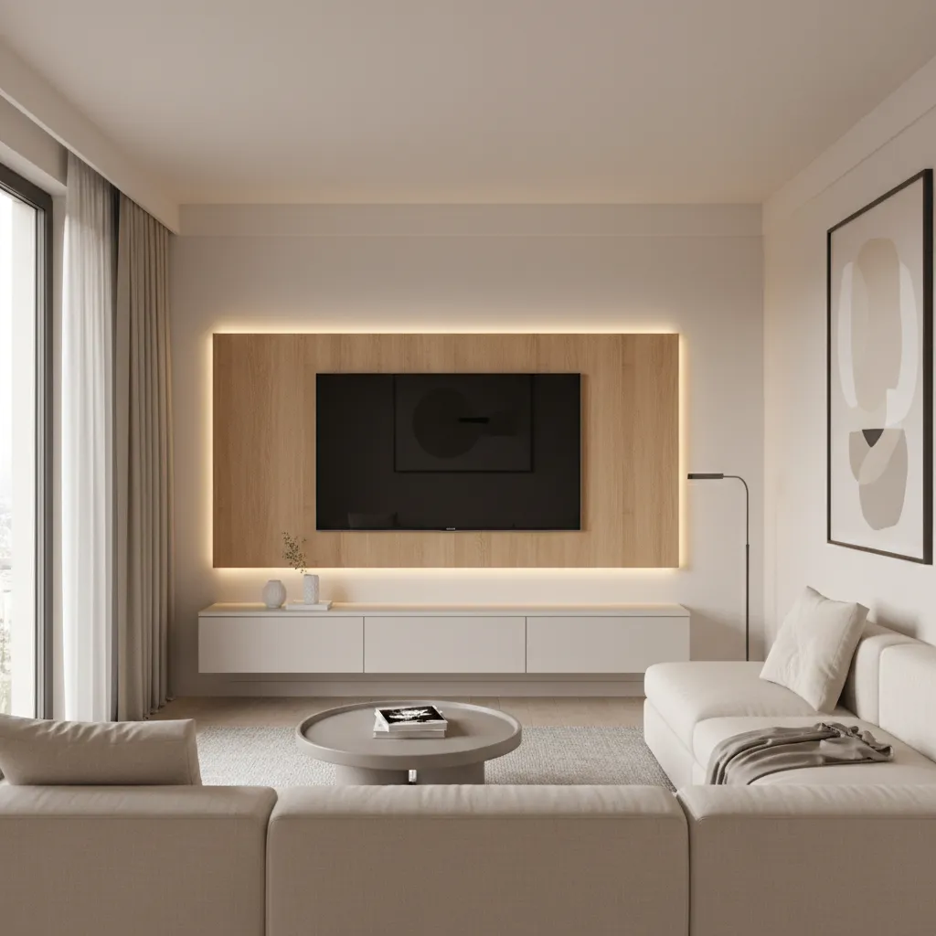 Modern TV wall with warm LED backlighting and floating console