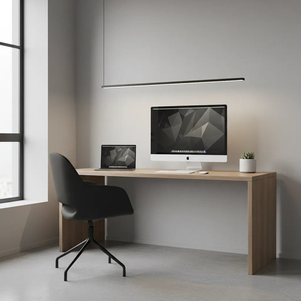 Slim LED bar desk lamp lighting a narrow modern desk setup