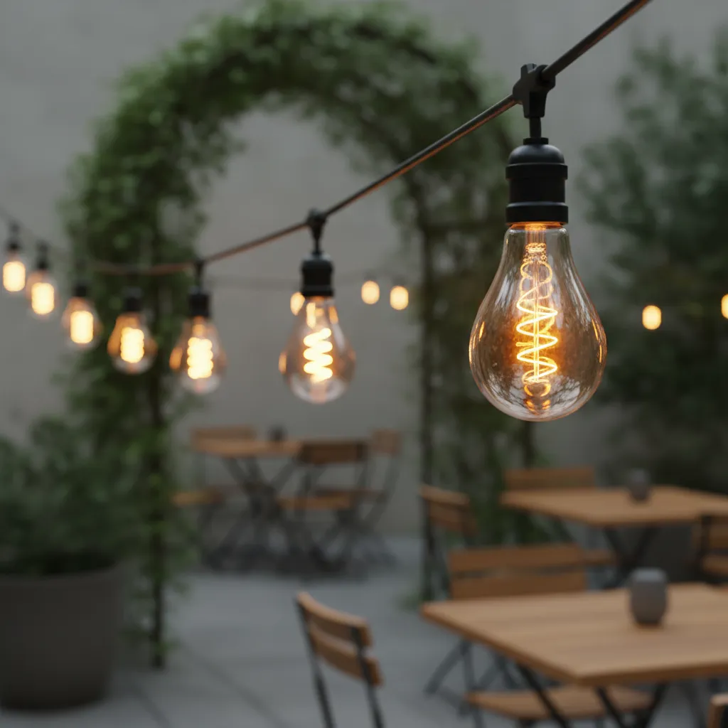 Close-up of LED bistro light bulbs installed in outdoor string lights