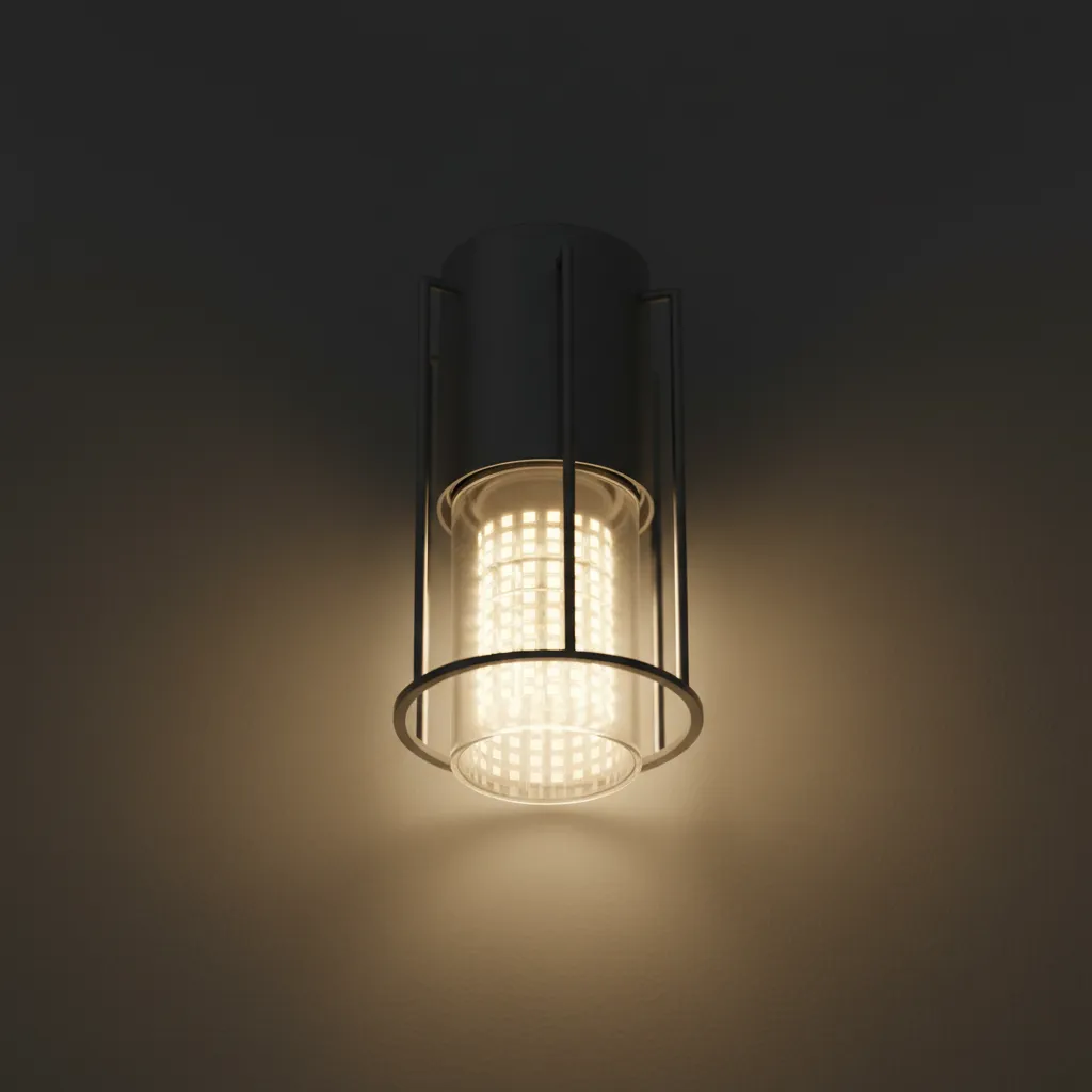 Close up of LED bulb glowing with visible light in modern lighting fixture
