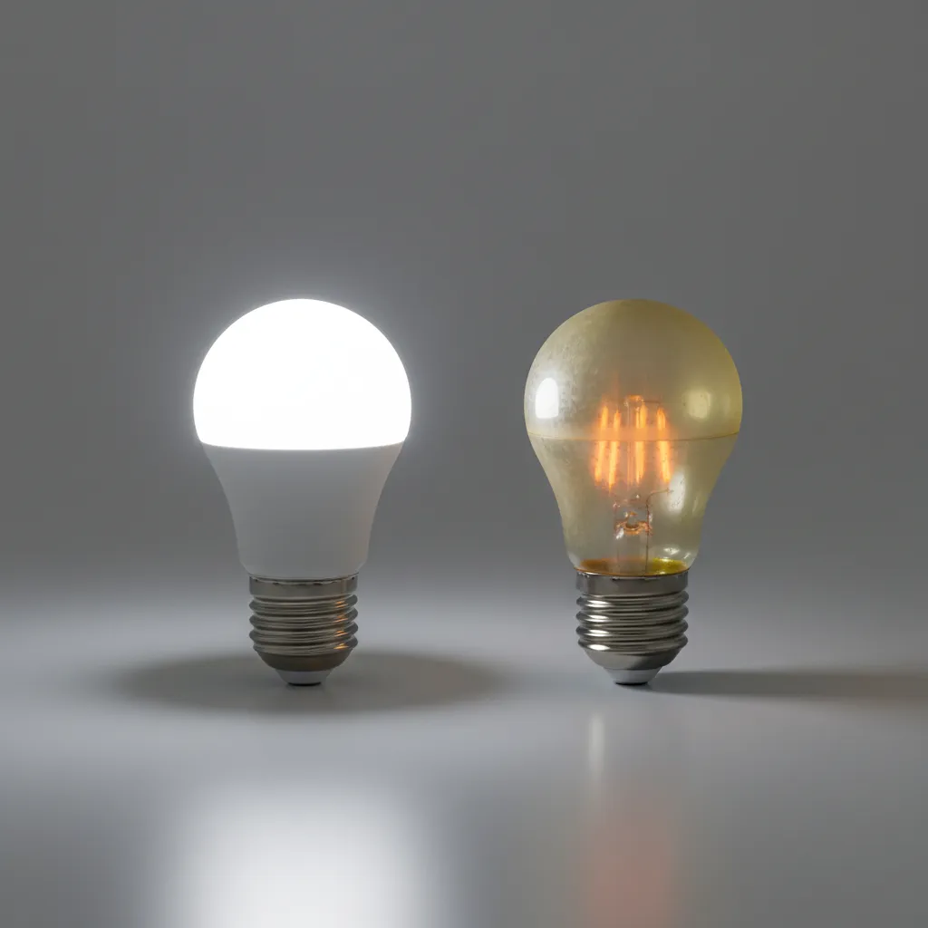 LED bulb showing gradual dimming compared to a bright bulb
