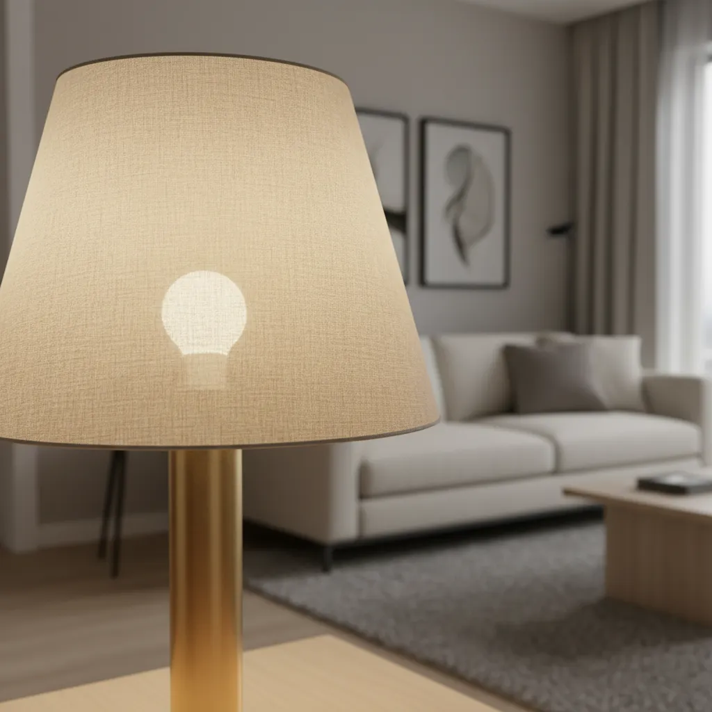 Table lamp with a glowing light bulb inside a fabric shade in a modern room