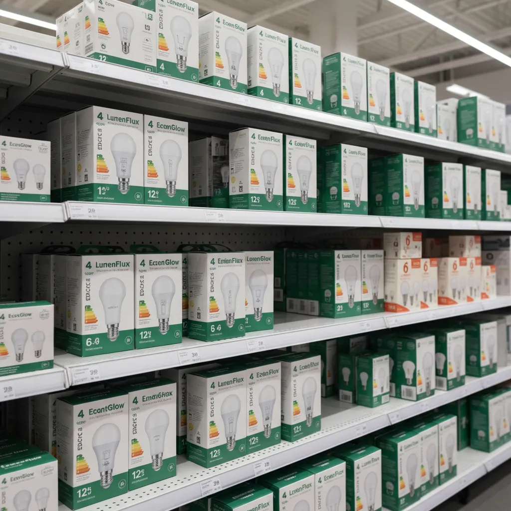Multiple LED bulb packages displayed on a store shelf representing common household lighting options