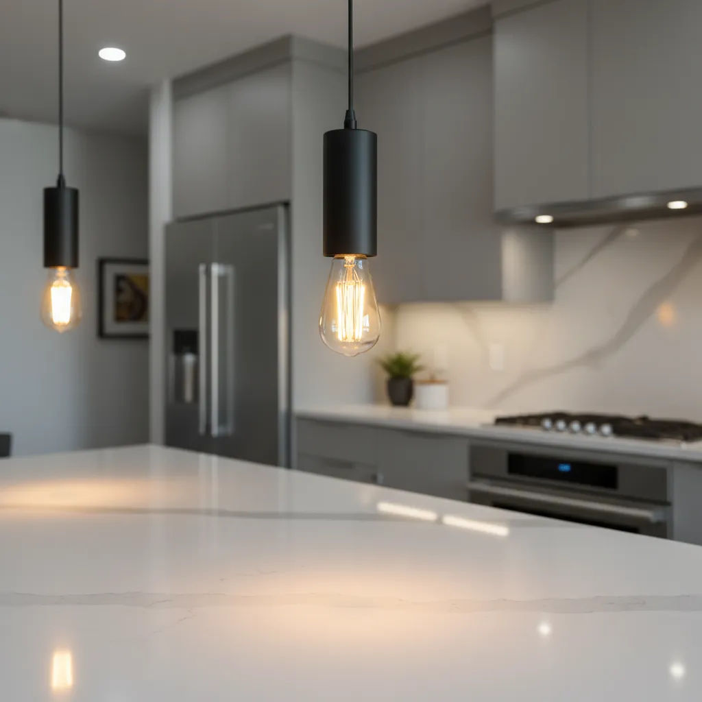 LED bulb installed inside black kitchen pendant light