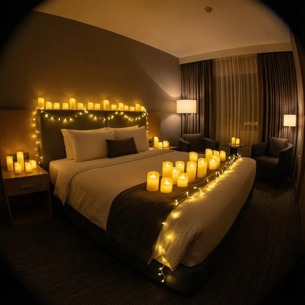 hotel room decorated with LED candles and fairy lights