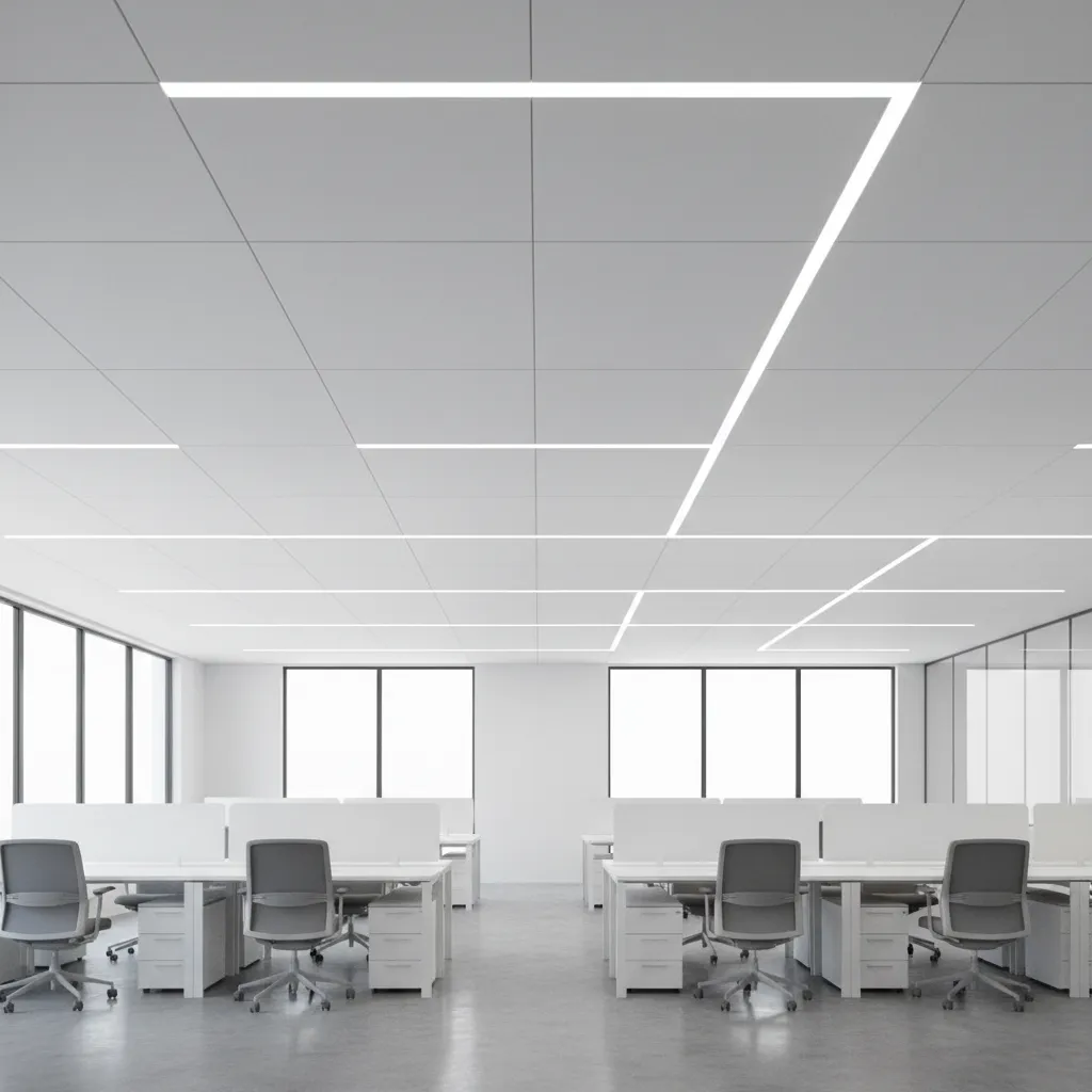 Modern commercial ceiling with integrated LED lighting system demonstrating energy efficient illumination
