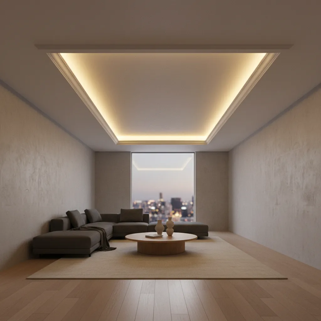 modern cornice with hidden LED cove lighting illuminating ceiling