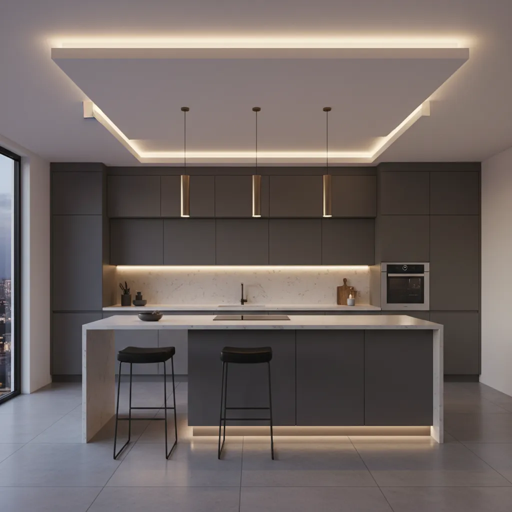 Kitchen drop ceiling with LED cove lighting creating soft ambient glow