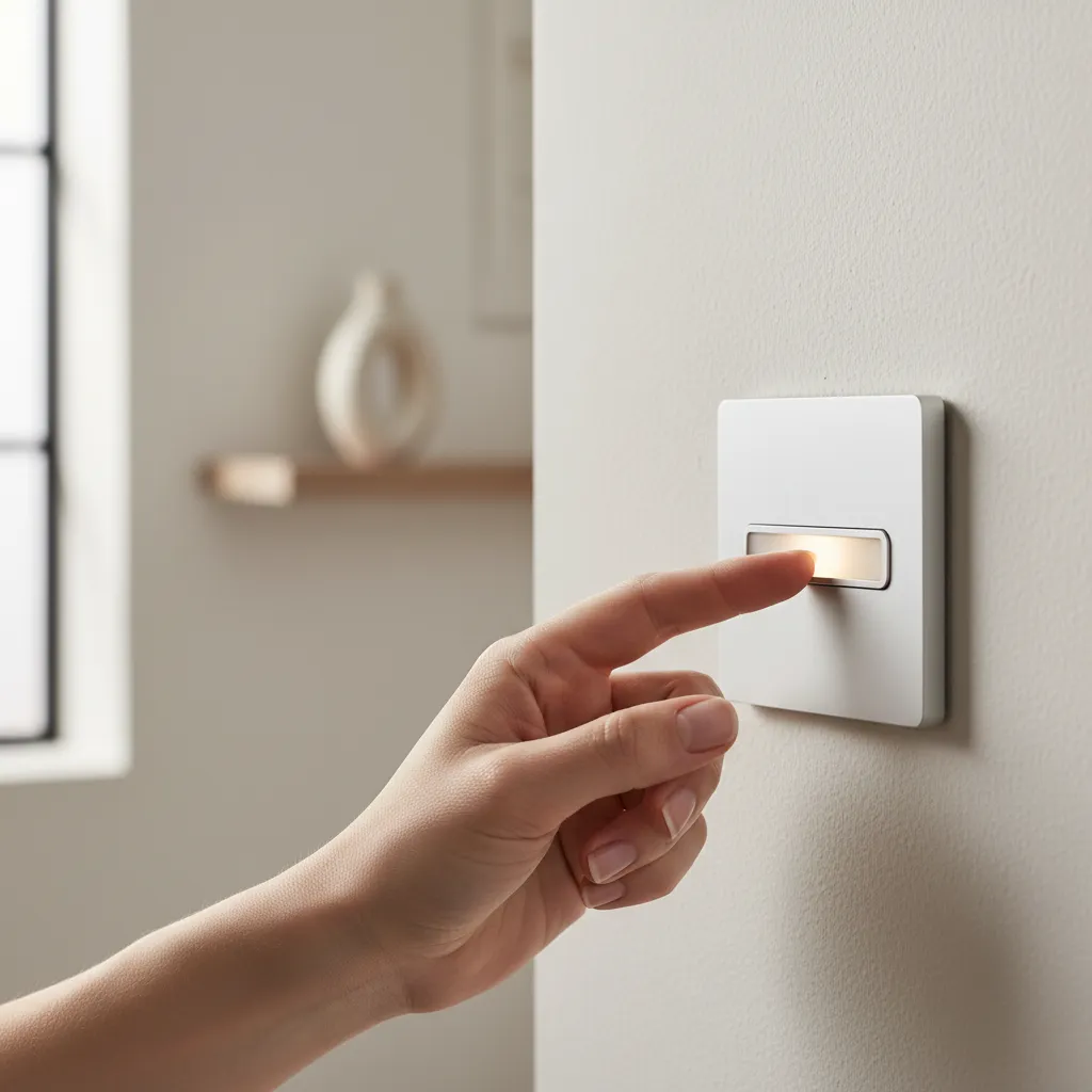 Hand adjusting modern LED compatible dimmer switch on wall