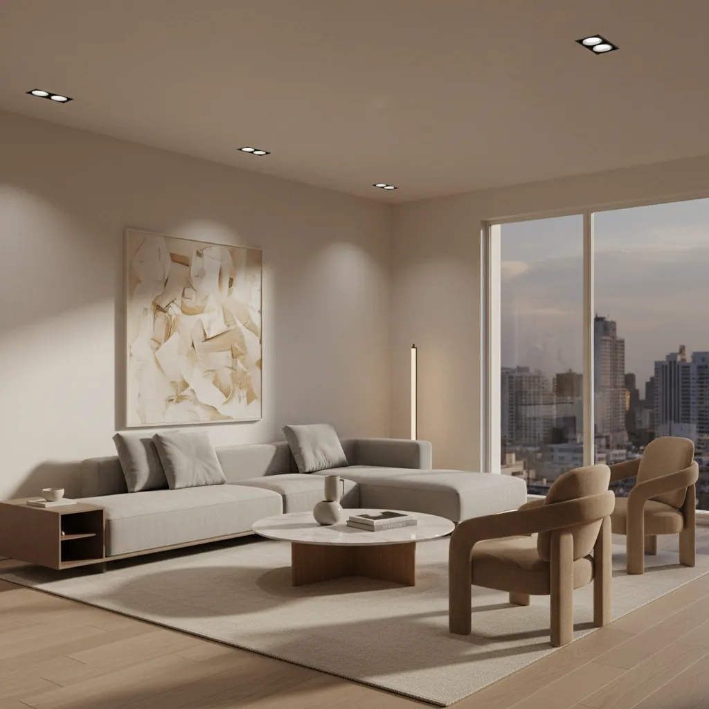 Directional LED lighting highlighting surfaces in a modern living room