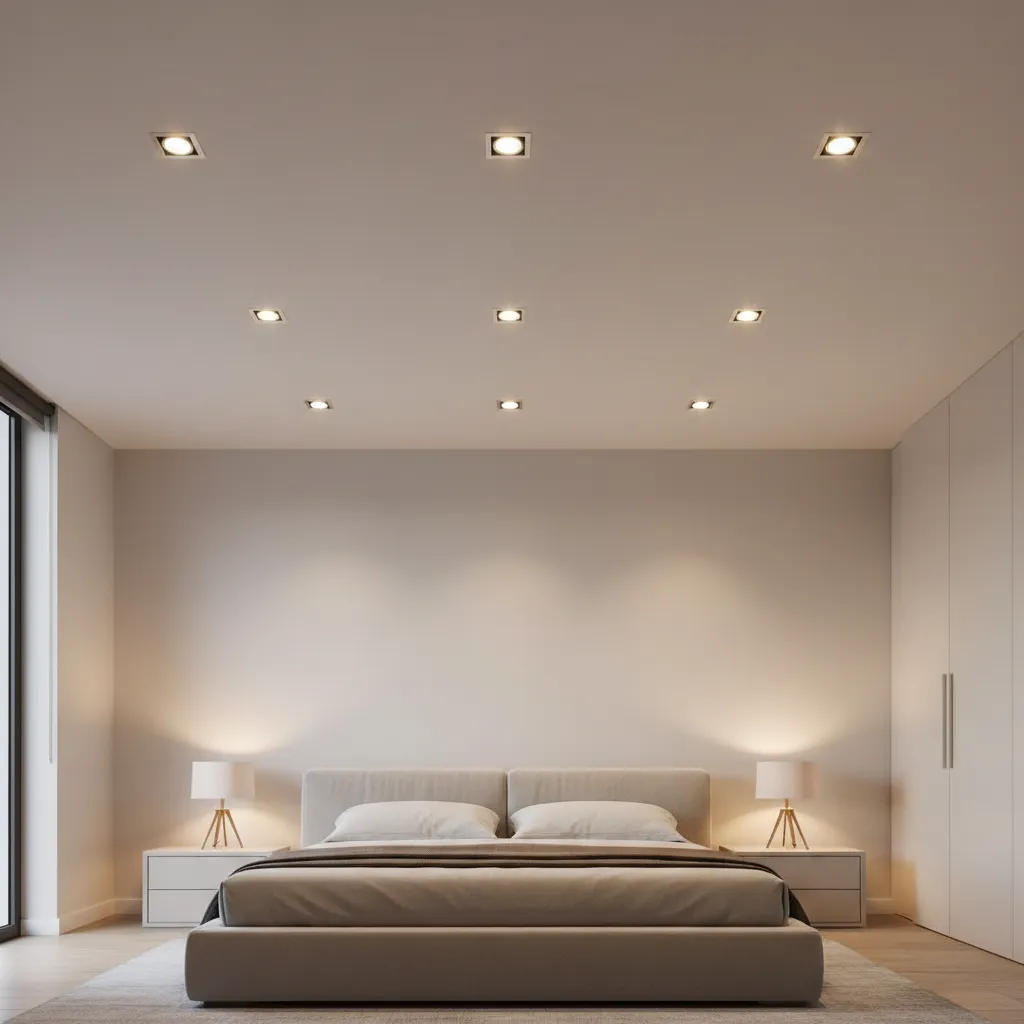 Close view of modern LED recessed downlights installed in bedroom ceiling